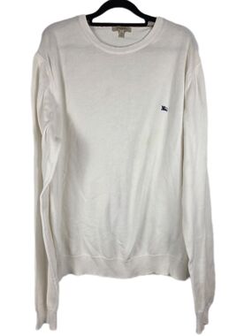 Burberry White Cotton Knit Crewneck Sweater Navy Embroidered EKD Logo